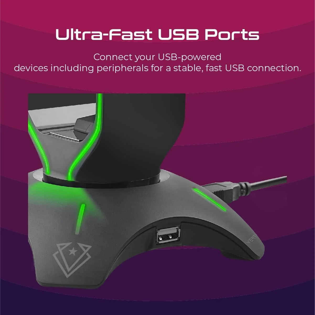 نگهدارنده چند منظوره ماوس Vertux با پایه هدفون و هاب USB | چراغ های LED | [2 سال گارانتی] 2 پورت USB با دکمه کنترل لمسی | ایستگاه بازی 3 در 1 با شارژر USB - مشکی