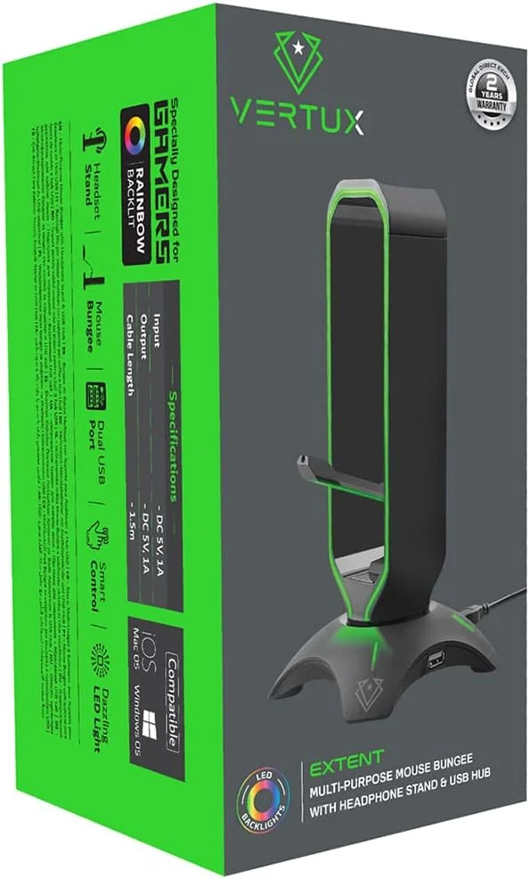 نگهدارنده چند منظوره ماوس Vertux با پایه هدفون و هاب USB | چراغ های LED | [2 سال گارانتی] 2 پورت USB با دکمه کنترل لمسی | ایستگاه بازی 3 در 1 با شارژر USB - مشکی
