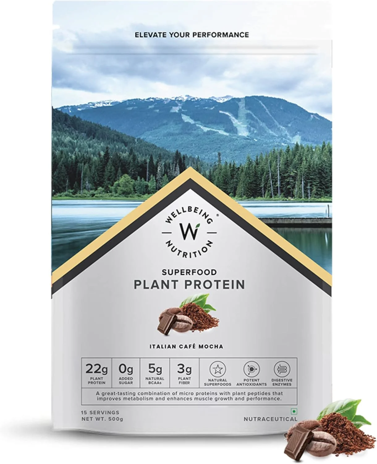 پودر پروتئین گیاهی وگان ارگانیک Wellbeing Nutrition برای مردان و زنان، 22 گرم پروتئین ایزوله نخود فرنگی اروپایی، 5 گرم BCAA، سوپرفودها، فیبر برای رشد و ریکاوری عضلات، طعم موکای کافه ایتالیایی، بسته 500 گرمی، سفید