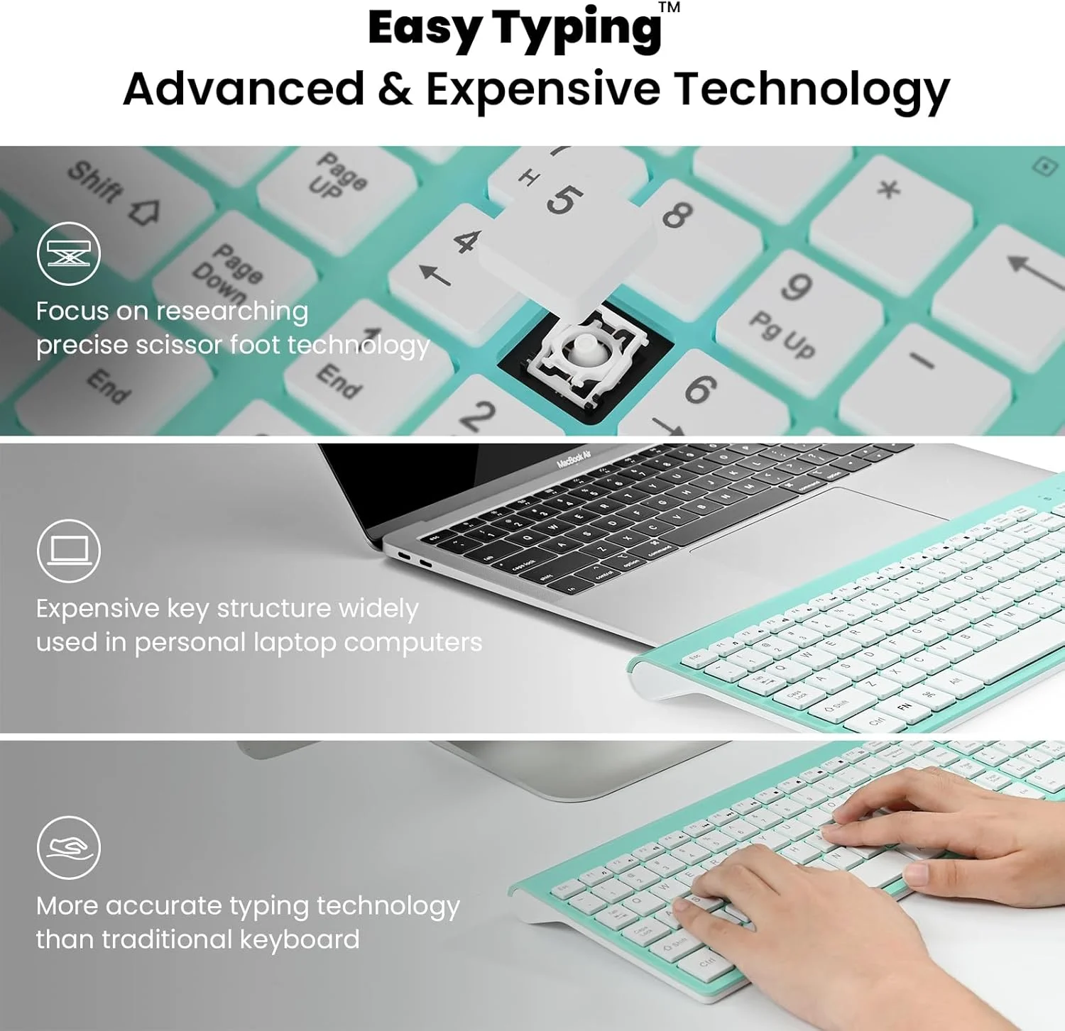 کیبورد و ماوس بی سیم Cimetech، USB 2.4G با راه اندازی آسان، کیبورد راحت با طراحی فوق العاده نازک، کیبورد باریک و جمع و جور با اندازه کامل برای مک، ویندوز، لپ تاپ، کامپیوتر - فیروزه ای