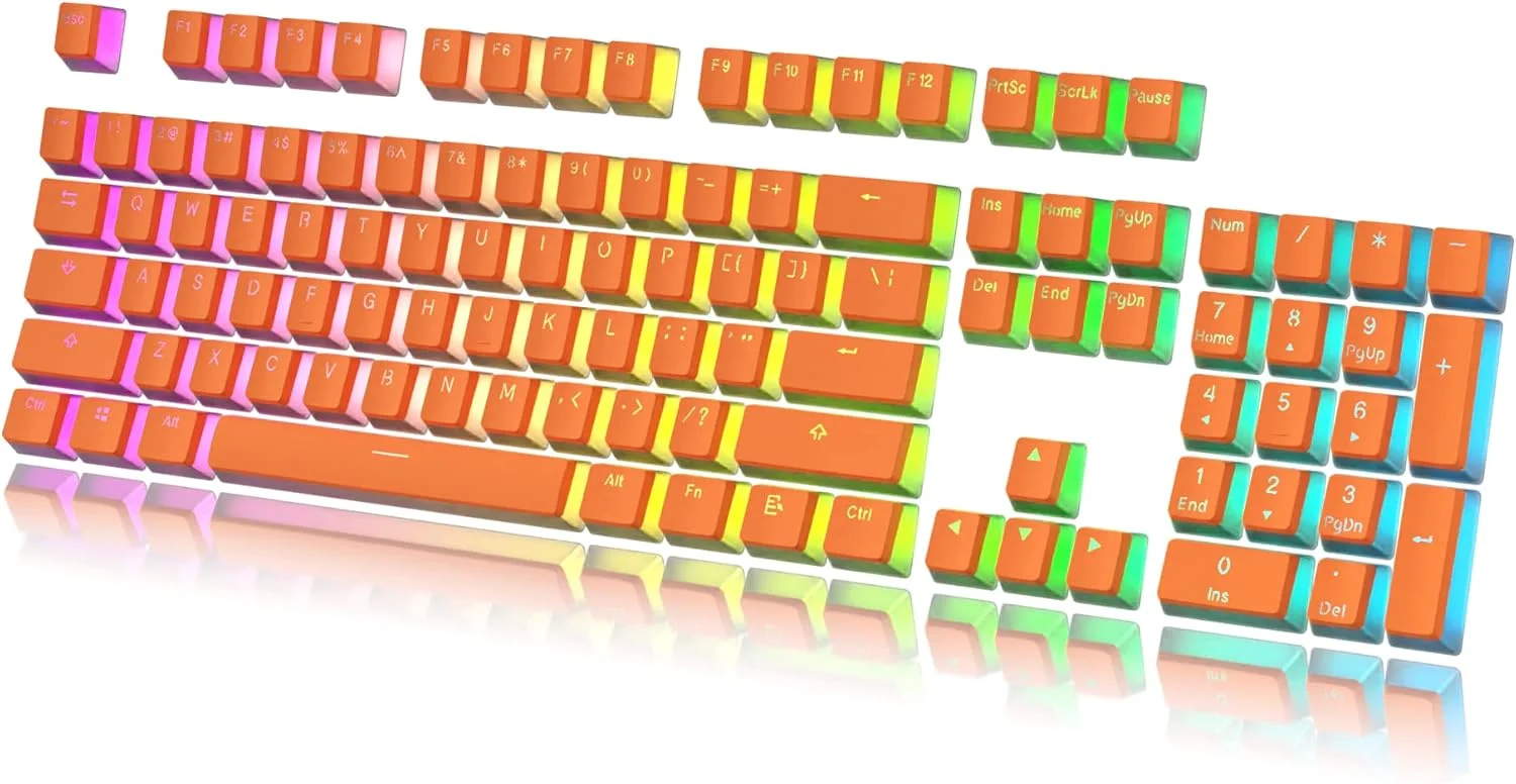 ست کیکپ های پودینگ HK GAMING | ست کیکپ PBT دو لایه | ست کامل 112 کی OEM پروفایل | ANSI US-Layout | برای کیبورد مکانیکی | سازگار با Cherry MX، Gateron، Kailh، Outemu | نارنجی