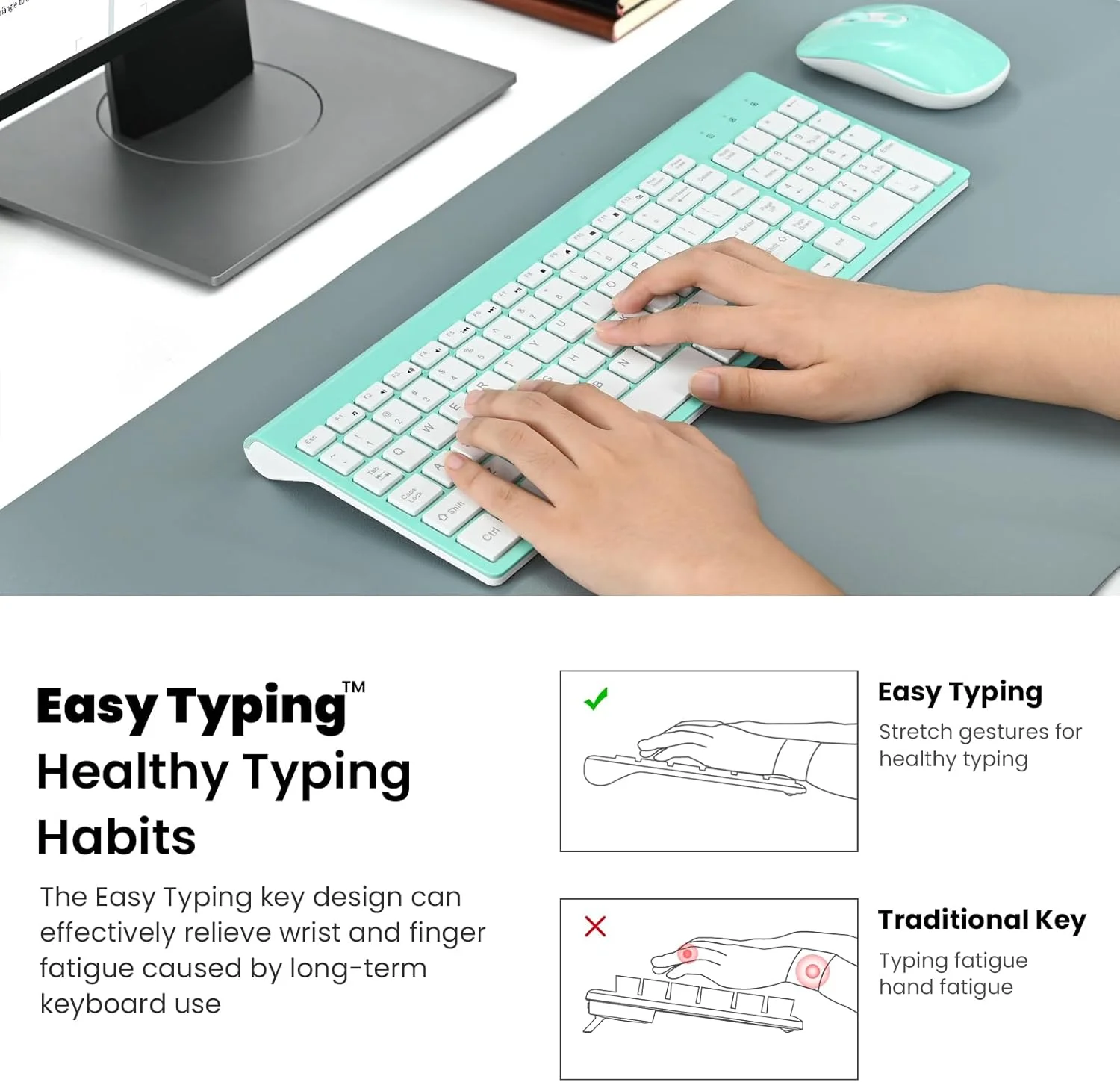 کیبورد و ماوس بی سیم Cimetech، USB 2.4G با راه اندازی آسان، کیبورد راحت با طراحی فوق العاده نازک، کیبورد باریک و جمع و جور با اندازه کامل برای مک، ویندوز، لپ تاپ، کامپیوتر - فیروزه ای