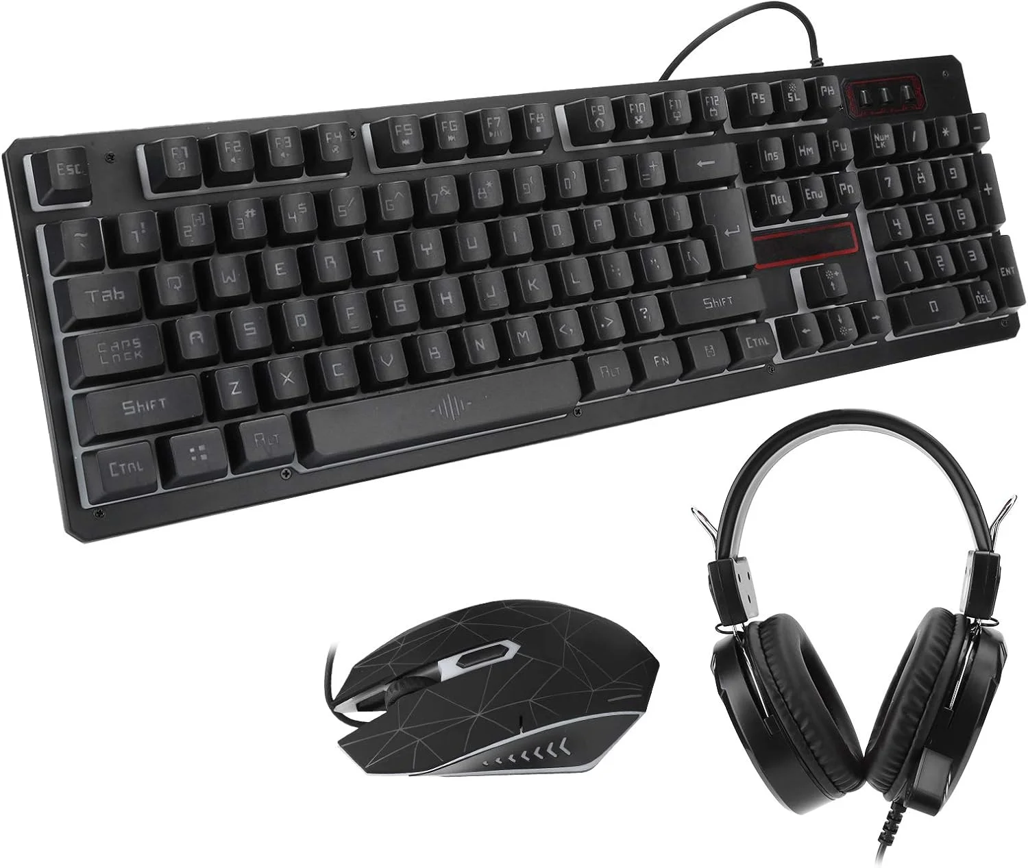 ست کیبورد گیمینگ XUMIUZIY - ماوس گیمینگ 1600DPI و کیبورد گیمینگ، ست 3 تکه کیبورد، ماوس و هدست سیمی، پایه زاویه دار 75 درجه (مشکی (نور آبی یخی))