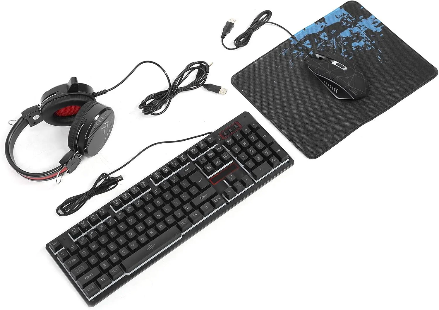 ست کیبورد گیمینگ XUMIUZIY - ماوس گیمینگ 1600DPI و کیبورد گیمینگ، ست 3 تکه کیبورد، ماوس و هدست سیمی، پایه زاویه دار 75 درجه (مشکی (نور آبی یخی))