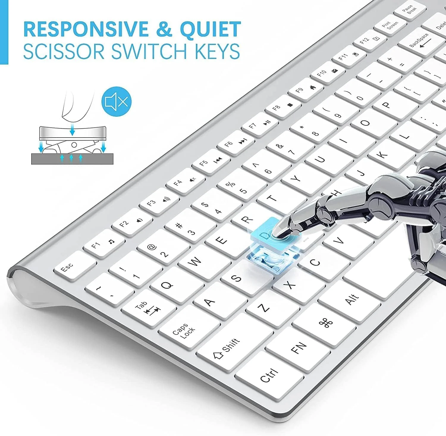 مجموعه کیبورد و ماوس بی‌سیم، کیبورد و ماوس بی‌سیم باریک 2.4G - قابل حمل، اندازه کامل، ارگونومیک، 2400 DPI، صرفه‌جویی فوق‌العاده در مصرف انرژی، طراحی شیک - سفید + نقره‌ای (سفید)