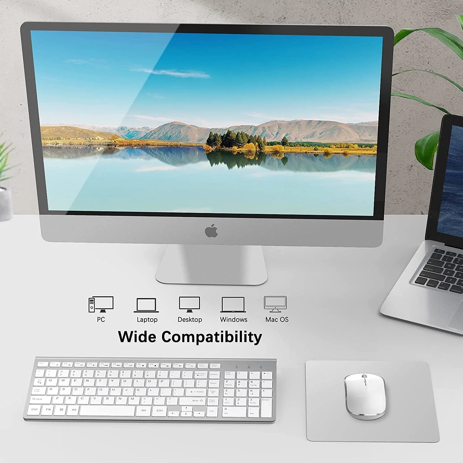مجموعه کیبورد و ماوس بی‌سیم، کیبورد و ماوس بی‌سیم باریک 2.4G - قابل حمل، اندازه کامل، ارگونومیک، 2400 DPI، صرفه‌جویی فوق‌العاده در مصرف انرژی، طراحی شیک - سفید + نقره‌ای (سفید)