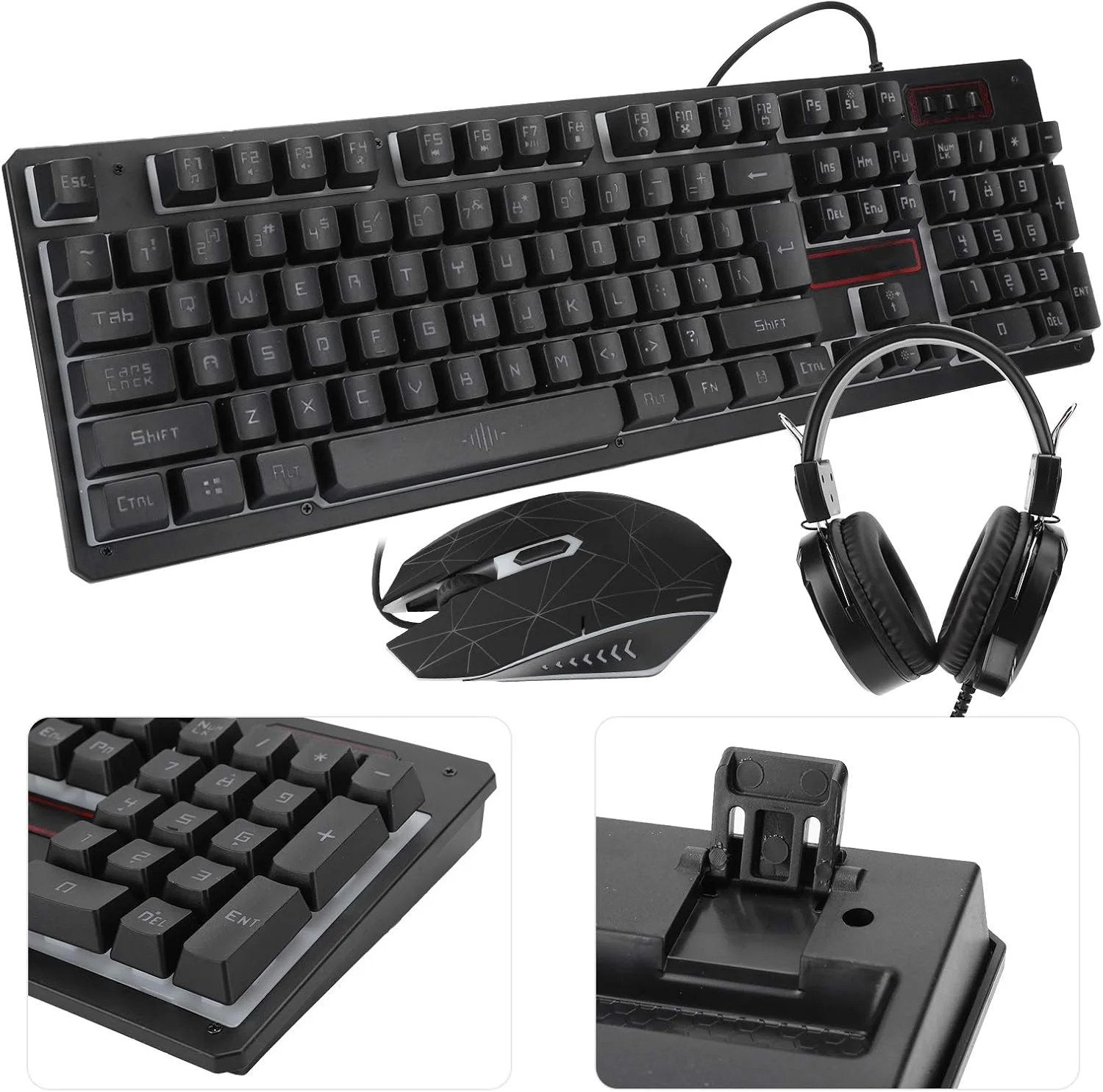 ست کیبورد گیمینگ XUMIUZIY - ماوس گیمینگ 1600DPI و کیبورد گیمینگ، ست 3 تکه کیبورد، ماوس و هدست سیمی، پایه زاویه دار 75 درجه (مشکی (نور آبی یخی))