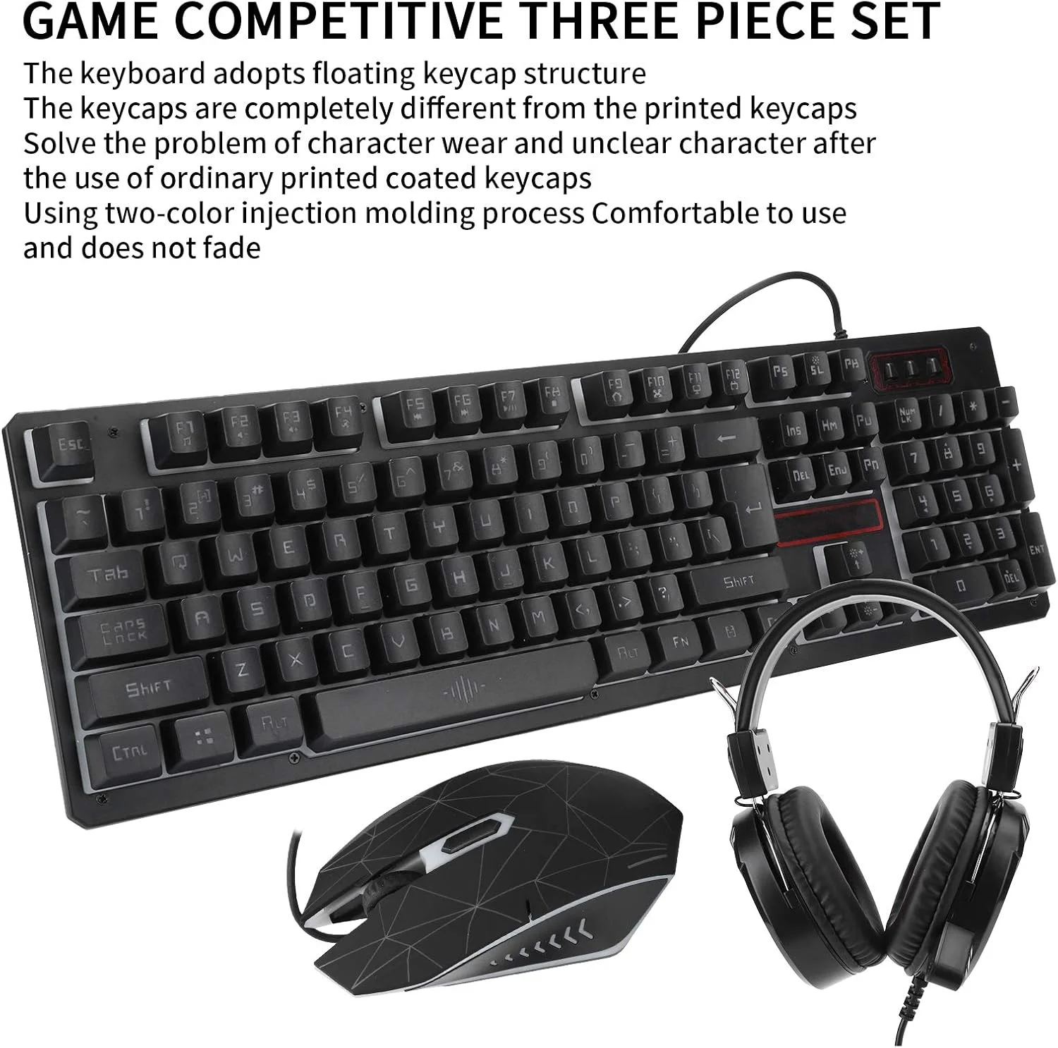 ست کیبورد گیمینگ XUMIUZIY - ماوس گیمینگ 1600DPI و کیبورد گیمینگ، ست 3 تکه کیبورد، ماوس و هدست سیمی، پایه زاویه دار 75 درجه (مشکی (نور آبی یخی))