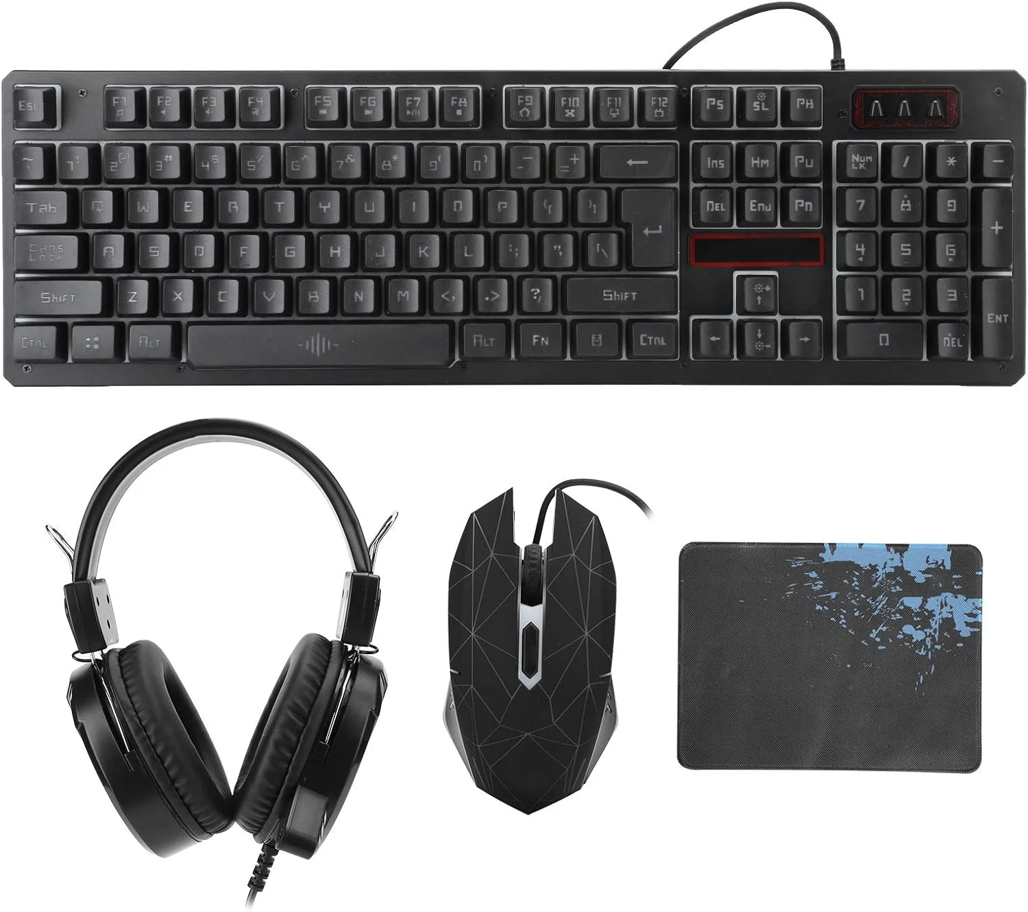 ست کیبورد سیم دار + ماوس + هدست، کیبورد گیمینگ با نور پس زمینه، ماوس گیمینگ ارگونومیک 1600DPI، هدست کمبو برای کامپیوتر لپ تاپ (مشکی)