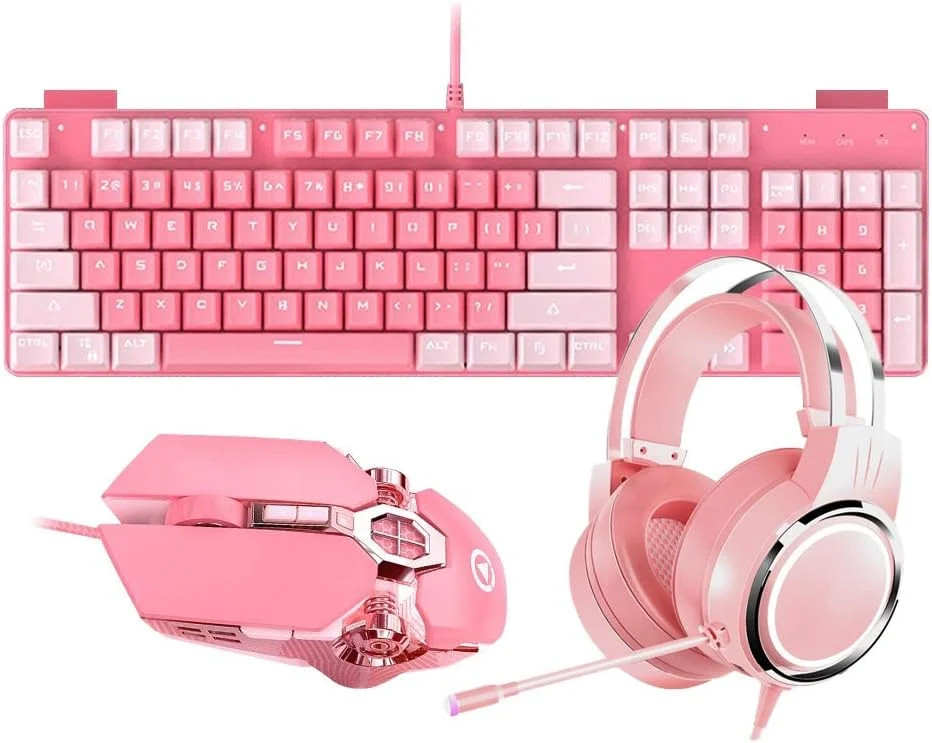 ست کیبورد و ماوس دخترانه صورتی Jian e (فرش)، کیبورد ارگونومیک + هدست + ماوس، ست کیبوردهای گیمینگ سیم دار با نور پس زمینه - 104 کلید (رنگ: کیبورد + هدست + ماوس)
