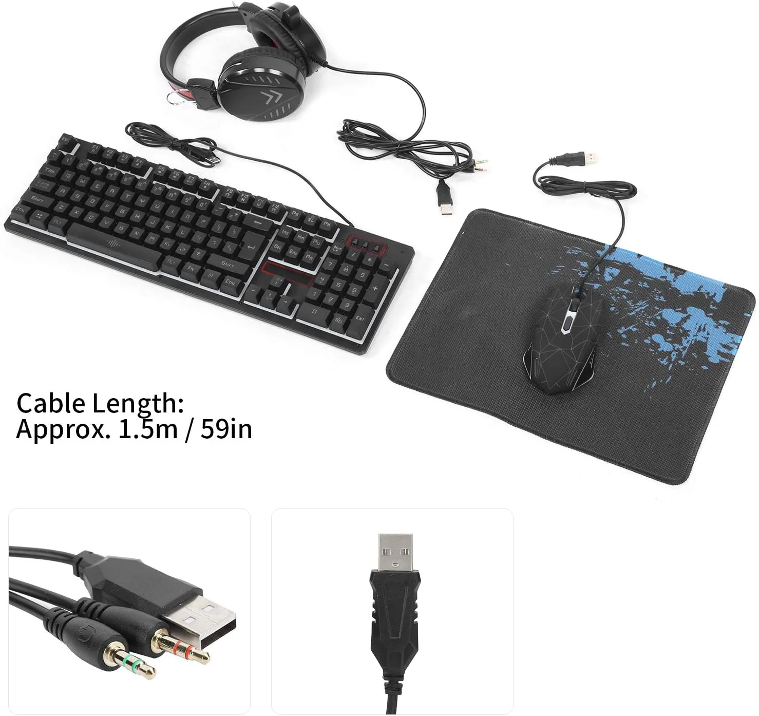ست کیبورد سیم دار + ماوس + هدست، کیبورد گیمینگ با نور پس زمینه، ماوس گیمینگ ارگونومیک 1600DPI، هدست کمبو برای کامپیوتر لپ تاپ (مشکی)