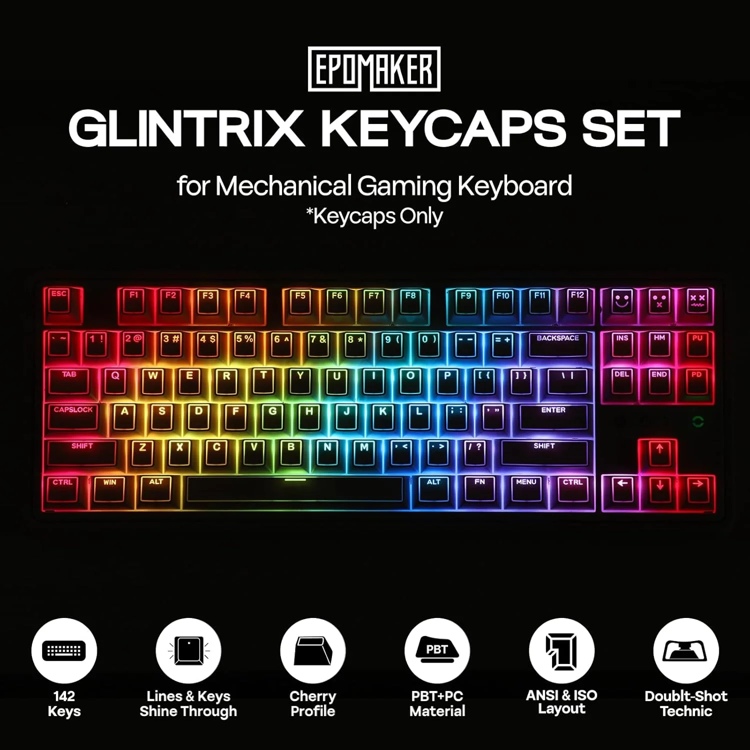 کلیدهای کیبورد EPOMAKER Glintrix PBT با قابلیت عبور نور، Arris & Keys با نور پس زمینه، Double Shot، پروفایل Cherry، سایز 60/75/96/Full، ست کلیدهای سفارشی برای کیبوردهای گیمینگ مکانیکی (سفید)