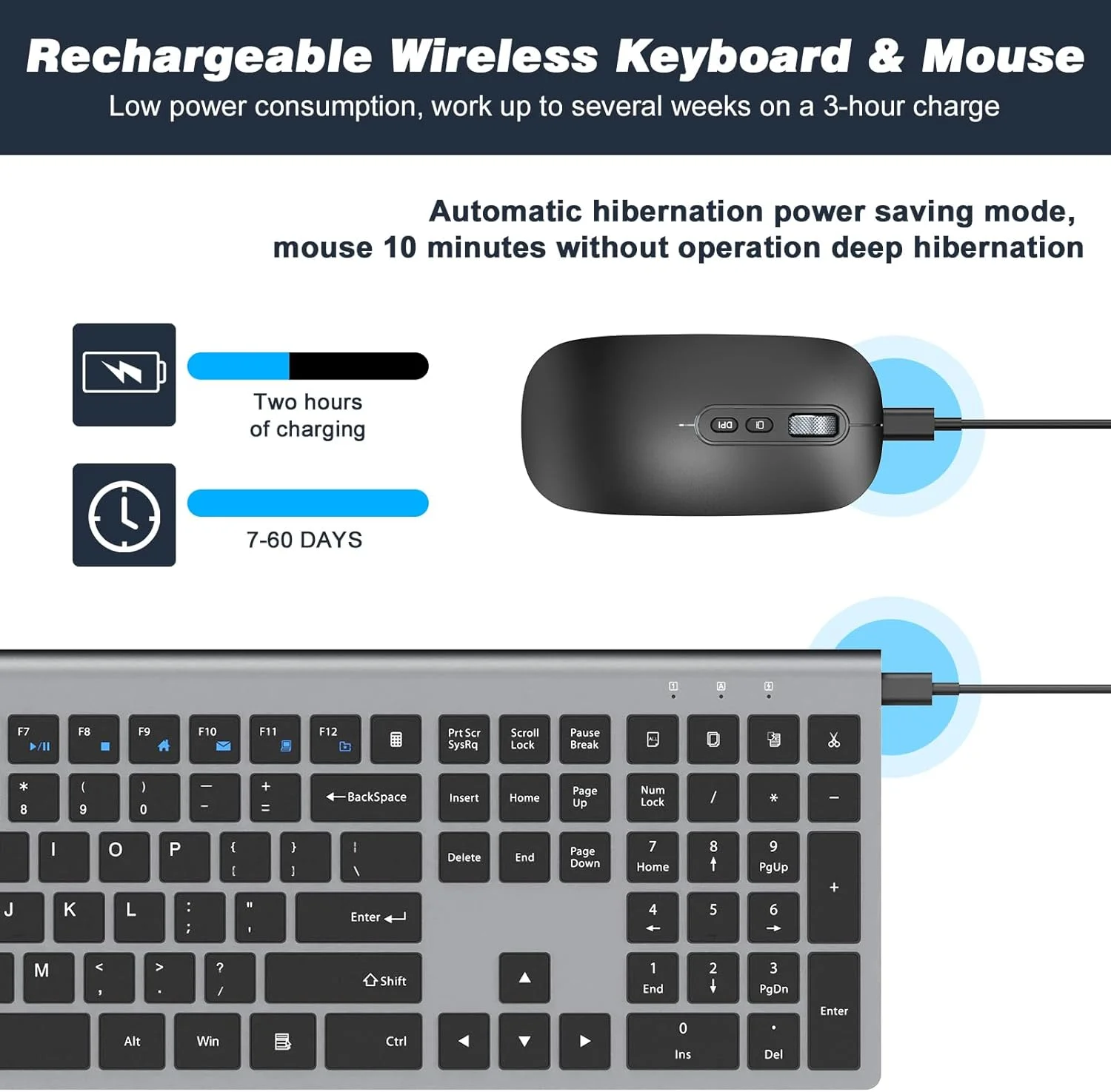 ست کیبورد و ماوس بی‌سیم قابل شارژ Cimetech، کیبورد و ماوس فول سایز USB 2.4G برای مک، ویندوز، لپ‌تاپ، کامپیوتر - خاکستری