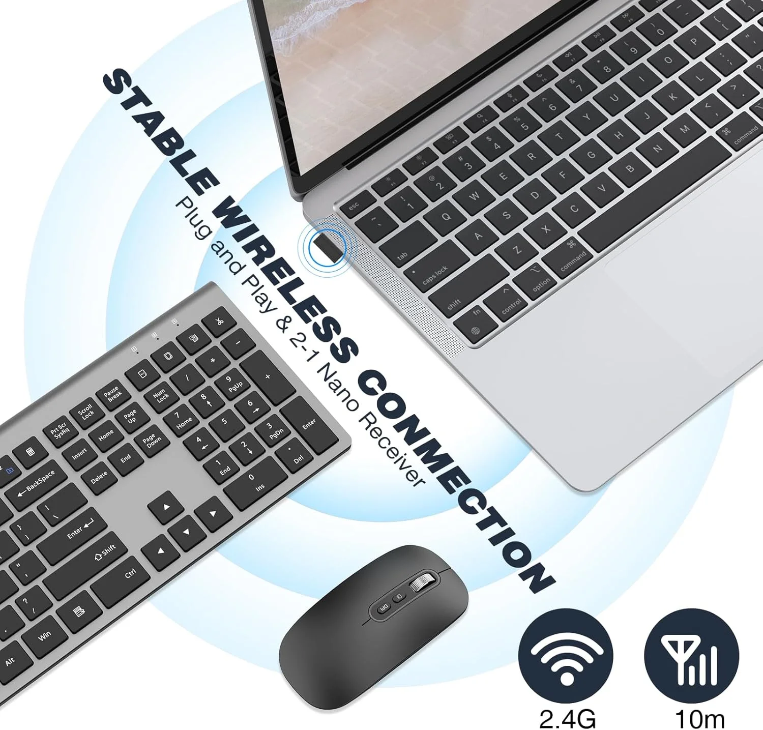 ست کیبورد و ماوس بی‌سیم قابل شارژ Cimetech، کیبورد و ماوس فول سایز USB 2.4G برای مک، ویندوز، لپ‌تاپ، کامپیوتر - خاکستری