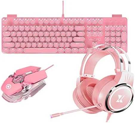 ست ترکیبی کیبورد، ماوس و هدست گیمینگ صورتی، 104 کلید، کیبورد مکانیکی با محور سبز، ماوس اپتیکال 3200 DPI و هدفون (ست 3 تایی)