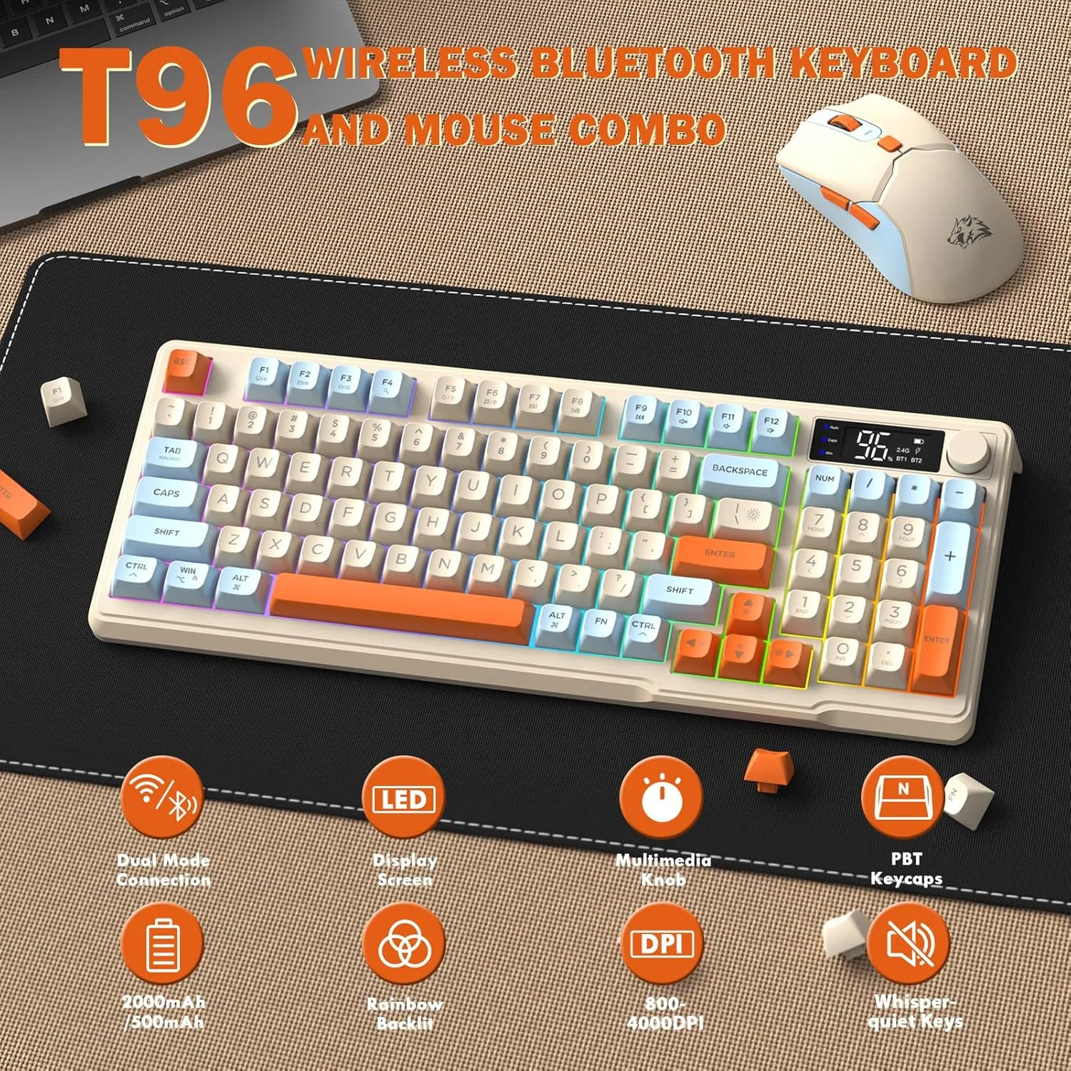 کیبورد و ماوس بیسیم FREEWOLF T96، بلوتوث و 2.4G، کلیدهای PBT، دکمه چندرسانهای، صفحه نمایش، بیصدا، ضد شبح، قابل شارژ، برای مک/ویندوز/لینوکس - بلوبری کیبورد و ماوس بیسیم FREEWOLF T96، بلوتوث و 2.4G، کلیدهای PBT، دکمه چندرسانهای، صفحه نمایش، بیصدا، ضد شبح، قابل شارژ، برای مک/ویندوز/لینوکس - بلوبری