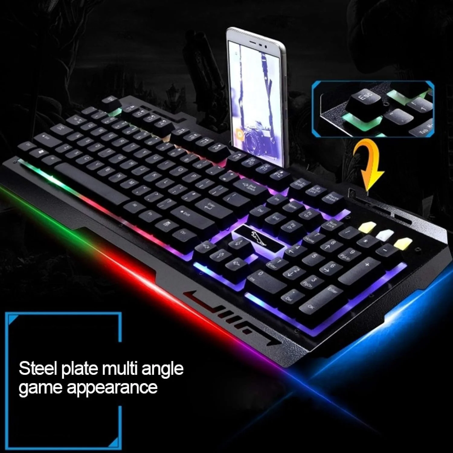 ست ماوس و کیبورد گیمینگ سیم دار GHZHEGIZHUND مدل G700 USB با نور پس زمینه RGB، طول کابل کیبورد: 1.35 متر، طول کابل ماوس: 1.3 متر (مشکی) لوازم جانبی کامپیوتر (رنگ: مشکی)