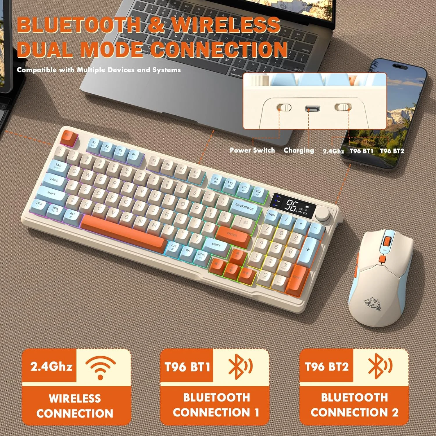 کیبورد و ماوس بیسیم FREEWOLF T96، بلوتوث و 2.4G، کلیدهای PBT، دکمه چندرسانهای، صفحه نمایش، بیصدا، ضد شبح، قابل شارژ، برای مک/ویندوز/لینوکس - بلوبری کیبورد و ماوس بیسیم FREEWOLF T96، بلوتوث و 2.4G، کلیدهای PBT، دکمه چندرسانهای، صفحه نمایش، بیصدا، ضد شبح، قابل شارژ، برای مک/ویندوز/لینوکس - بلوبری