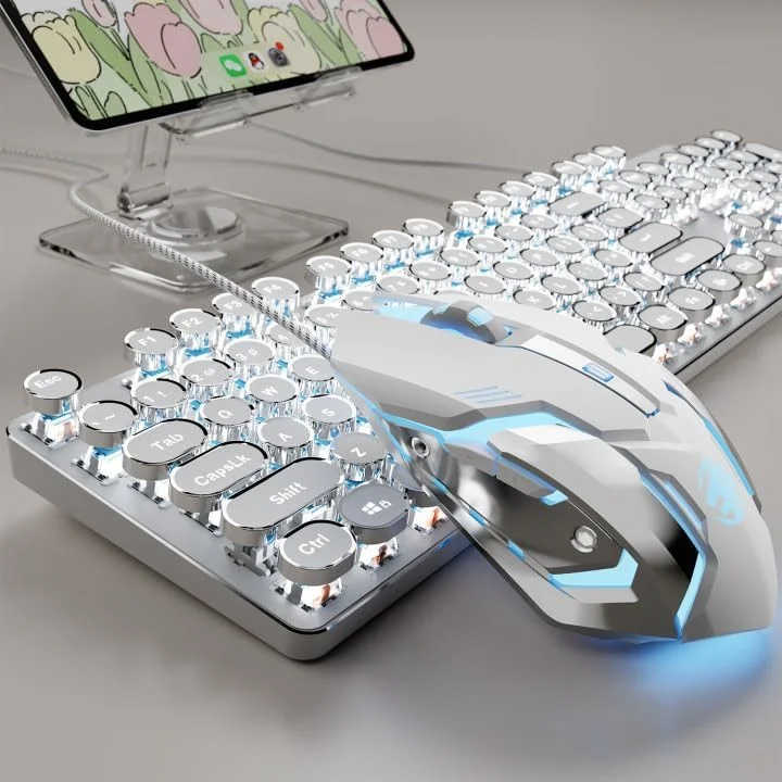 ست کیبورد و ماوس گیمینگ سیمی TK100 طرح ماشین تحریر - سفید