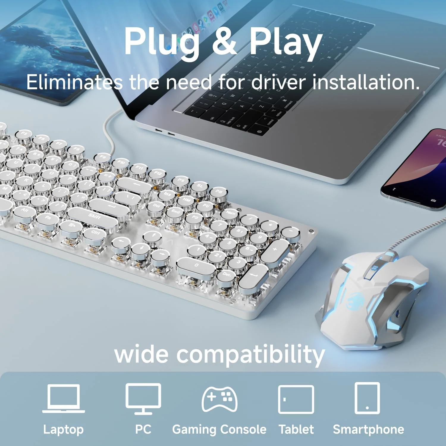 ست کیبورد و ماوس گیمینگ سیمی TK100 طرح ماشین تحریر - سفید