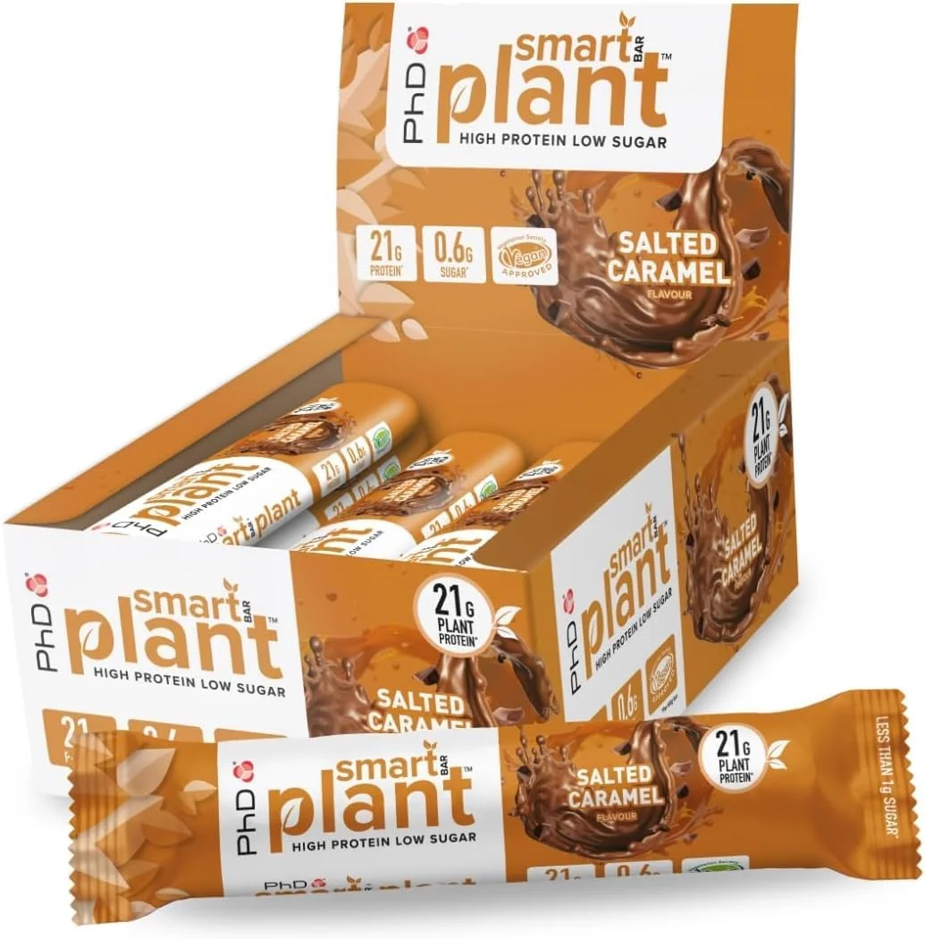 بارهای پروتئینی گیاهی هوشمند PhD Nutrition - 20 گرم پروتئین، کم شکر، بارهای پروتئینی وگان با طعم عالی، میان وعده های پر پروتئین و میان وعده های سالم با پروتئین گیاهی، طعم کارامل نمکی، 64 گرم، بسته 12 عددی