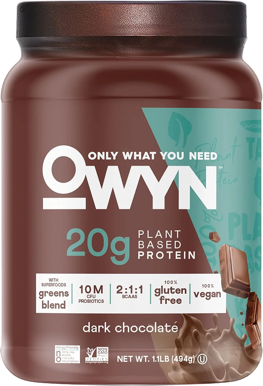 پودر پروتئین گیاهی 100% وگان OWYN Only What You Need | شکلات تلخ 530 گرمی | بدون لبنیات، بدون گلوتن، بدون سویا، بدون مواد آلرژی زا، مناسب گیاهخواران