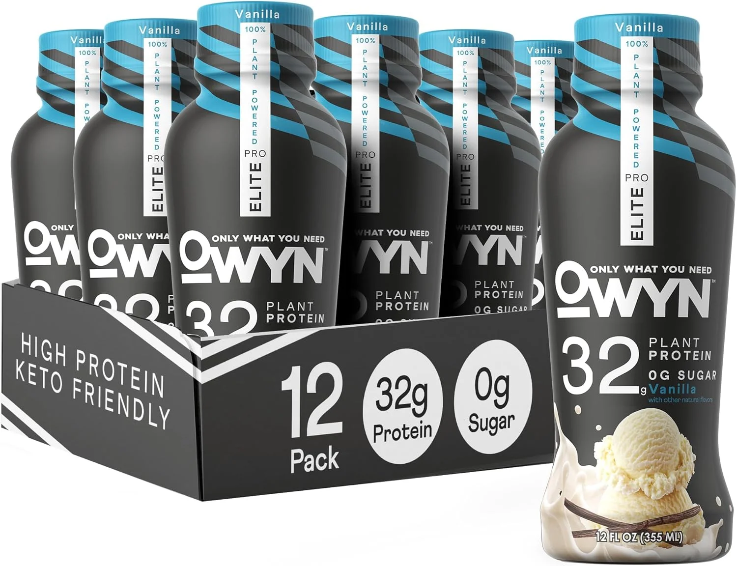 نوشیدنی پروتئینی وگان OWYN Only What You Need Pro Elite، طعم وانیل، بسته 12 عددی، 32 گرم پروتئین، آمینو اسیدها، پری‌بیوتیک‌ها، امگا 3، مناسب تمرین و ریکاوری، 0 گرم کربوهیدرات خالص، بدون شکر، کتو