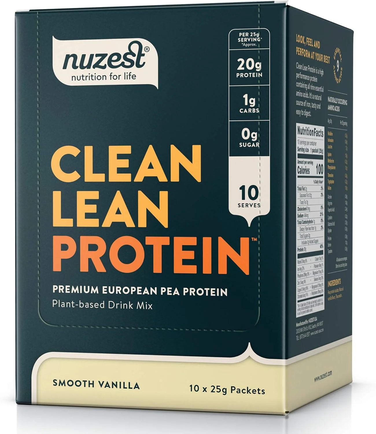 Nuzest - پودر پروتئین نخود فرنگی - پروتئین پاک و بدون چربی، پودر پروتئین گیاهی ممتاز وگان، بدون لبنیات، بدون گلوتن، بدون GMO، شیک پروتئینی، وانیل نرم، 25.5 گرم، (بسته 10 عددی)