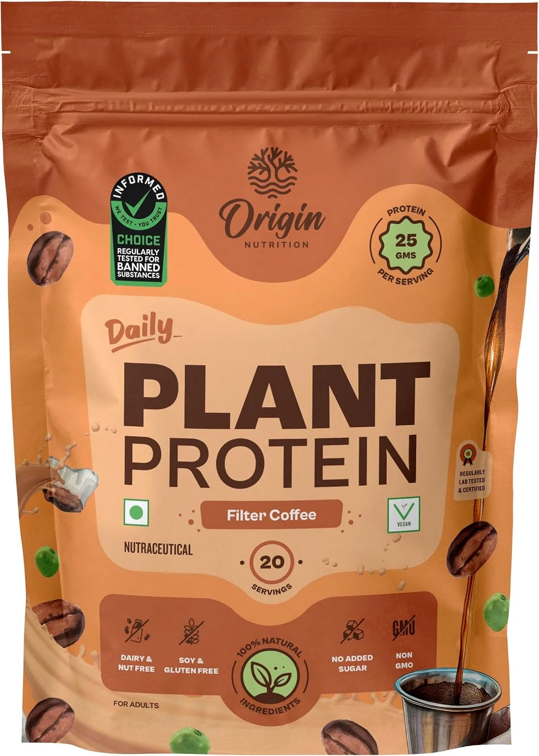 پودر پروتئین وگان 100% طبیعی Origin Nutrition (پروتئین نخود فرنگی ایزوله اروپایی و پروتئین دانه کدو تنبل) با هضم آسان، طعم کارامل قهوه با 25 گرم پروتئین گیاهی، 737 گرم
