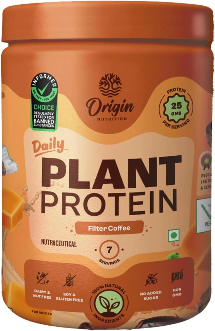 پودر پروتئین گیاهی وگان 100% طبیعی Origin Nutrition، طعم قهوه فیلتری با هضم آسان با 25 گرم پروتئین گیاهی، بدون گلوتن، بدون لبنیات، بدون شکر افزوده، بدون سویا، غیر GMO، جین، 7 سروینگ، 284 گرم