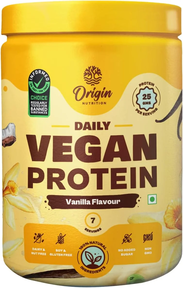 پودر پروتئین وگان 100% طبیعی Origin Nutrition، طعم وانیل با هضم آسان، حاوی 25 گرم پروتئین گیاهی، بدون گلوتن، بدون لبنیات، بدون شکر افزوده، بدون سویا، غیر تراریخته، مناسب گیاهخواران، 7 سروینگ، 274 گرم
