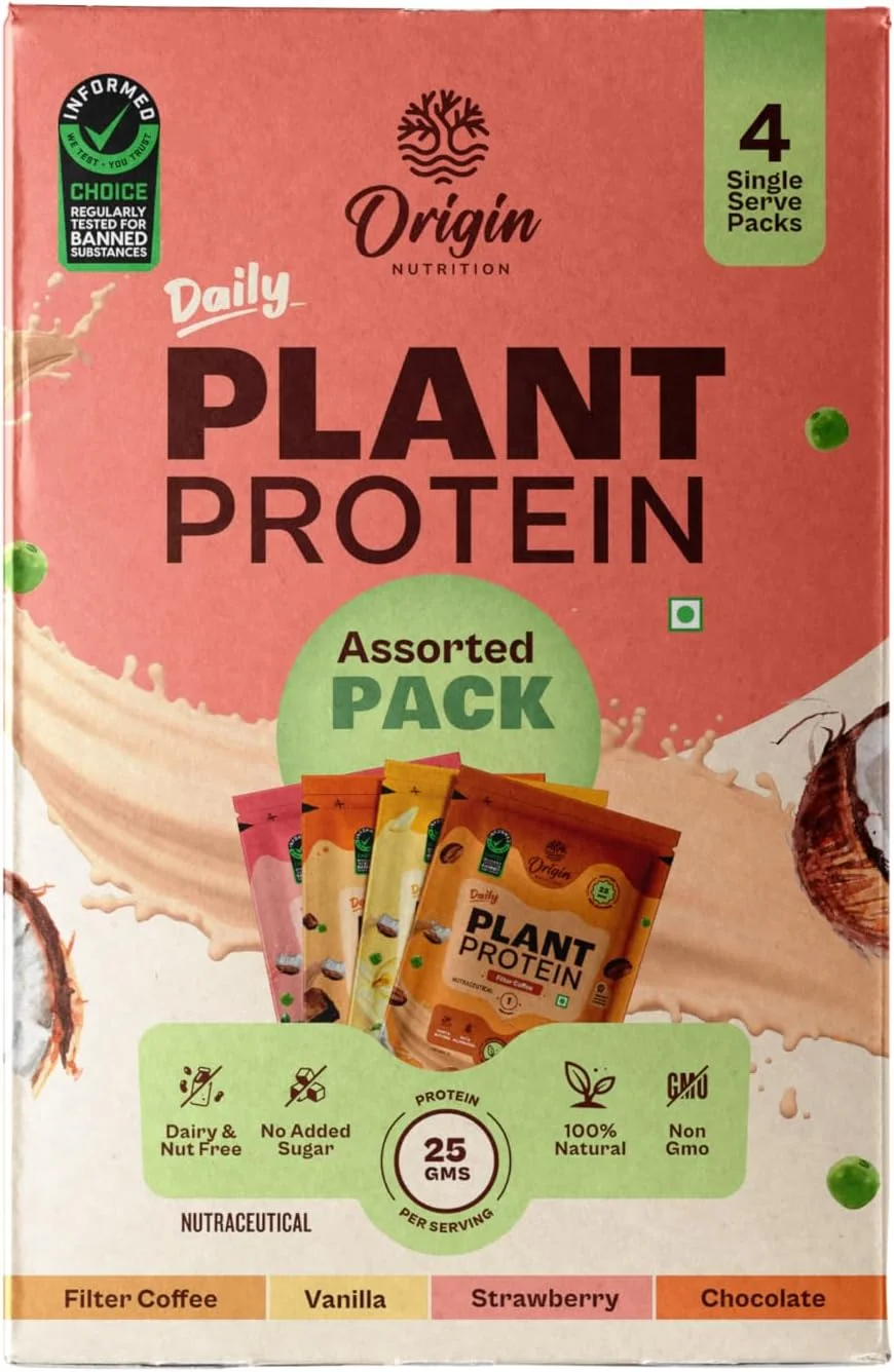 پروتئین گیاهی 100% طبیعی و خالص Origin Nutrition، بسته متنوع (شکلاتی، توت فرنگی، وانیلی و قهوه فیلتر شده)