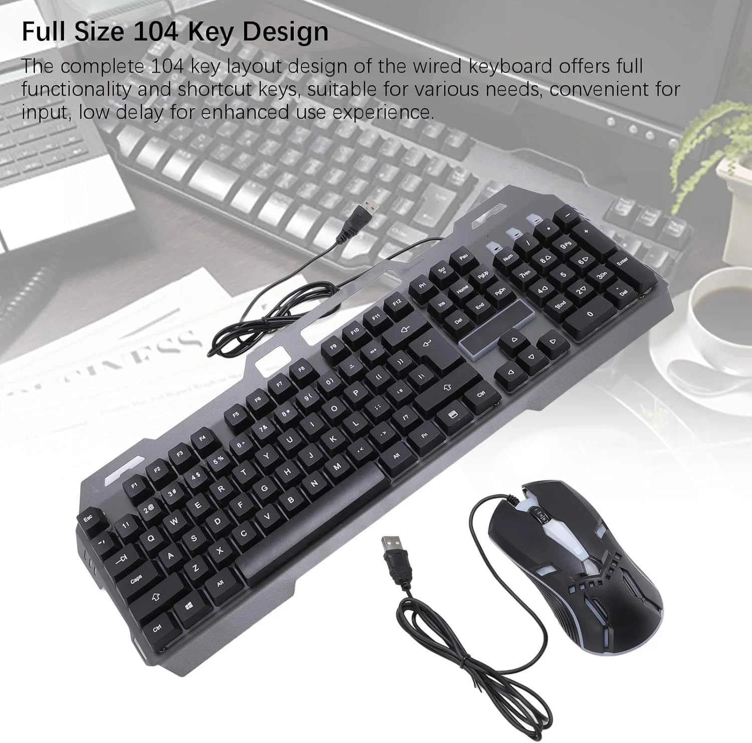 ست کیبورد و ماوس سیم دار، کیبورد گیمینگ ارگونومیک سایز کامل 104 کلید و ماوس با نور RGB، اتصال USB Plug and Play، سبک و باریک ست کیبورد و ماوس سیم دار، کیبورد گیمینگ ارگونومیک سایز کامل 104 کلید و ماوس با نور RGB، اتصال USB Plug and Play، سبک و باریک