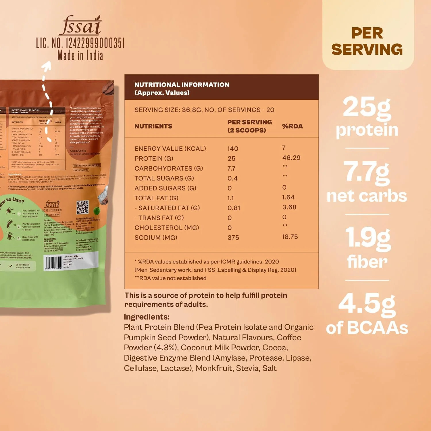 پودر پروتئین وگان 100% طبیعی Origin Nutrition (پروتئین نخود فرنگی ایزوله اروپایی و پروتئین دانه کدو تنبل) با هضم آسان، طعم کارامل قهوه با 25 گرم پروتئین گیاهی، 737 گرم پودر پروتئین وگان 100% طبیعی Origin Nutrition (پروتئین نخود فرنگی ایزوله اروپایی و پروتئین دانه کدو تنبل) با هضم آسان، طعم کارامل قهوه با 25 گرم پروتئین گیاهی، 737 گرم