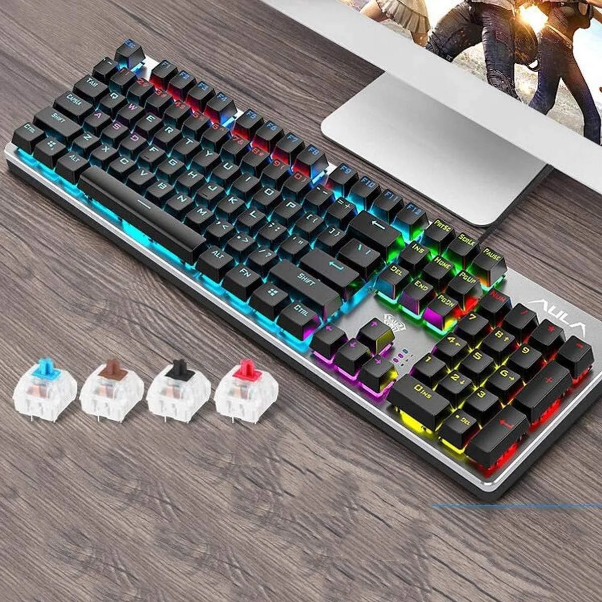 کیبورد مکانیکی Rheng، کیبورد و ماوس گیمینگ اداری کامپیوتر رومیزی لپ تاپ با نور پس زمینه RGB سطح پایه، کیبورد مشکی 104 کلید، محور کلید مشکی/قهوه ای/آبی/قرمز، رابط USB کیبورد مکانیکی Rheng، کیبورد و ماوس گیمینگ اداری کامپیوتر رومیزی لپ تاپ با نور پس زمینه RGB سطح پایه، کیبورد مشکی 104 کلید، محور کلید مشکی/قهوه ای/آبی/قرمز، رابط USB