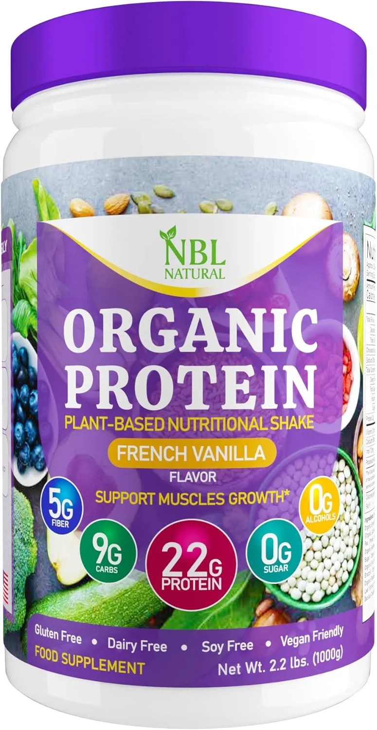 پودر پروتئین گیاهی ارگانیک NBL NATURAL، پودر پروتئین وگان برای مردان و زنان، 22 گرم پروتئین در هر وعده، غیر لبنی، بدون گلوتن، بدون لاکتوز، بدون شکر افزوده، وانیل فرانسوی، 2.2 پوند، 25 وعده