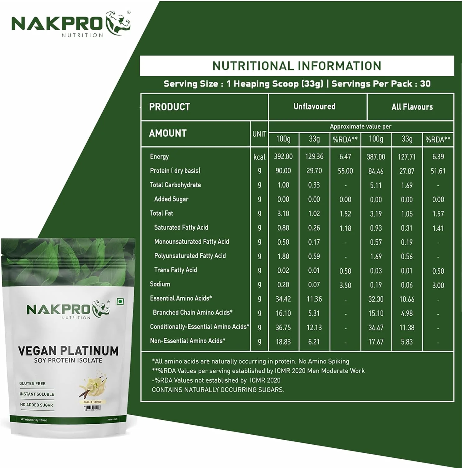 پروتئین سویا ایزوله 100% NAKPRO، وانیلی - 1 کیلوگرم | 25.3 گرم پروتئین، 4.6 گرم BCAA | پودر پروتئین گیاهی وگان طبیعی | هضم آسان | تمام اسیدهای آمینه ضروری برای افزایش و ریکاوری عضلات