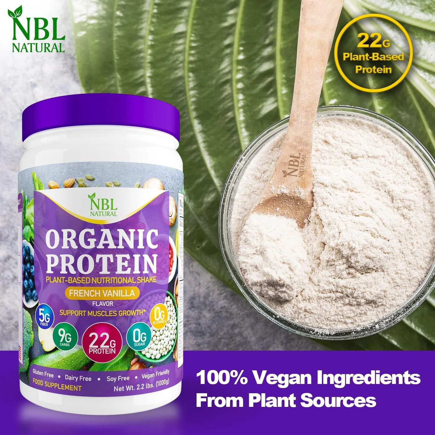پودر پروتئین گیاهی ارگانیک NBL NATURAL، پودر پروتئین وگان برای مردان و زنان، 22 گرم پروتئین در هر وعده، غیر لبنی، بدون گلوتن، بدون لاکتوز، بدون شکر افزوده، وانیل فرانسوی، 2.2 پوند، 25 وعده پودر پروتئین گیاهی ارگانیک NBL NATURAL، پودر پروتئین وگان برای مردان و زنان، 22 گرم پروتئین در هر وعده، غیر لبنی، بدون گلوتن، بدون لاکتوز، بدون شکر افزوده، وانیل فرانسوی، 2.2 پوند، 25 وعده