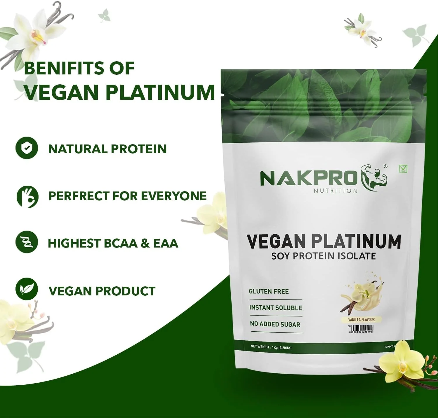 پروتئین سویا ایزوله 100% NAKPRO، وانیلی - 1 کیلوگرم | 25.3 گرم پروتئین، 4.6 گرم BCAA | پودر پروتئین گیاهی وگان طبیعی | هضم آسان | تمام اسیدهای آمینه ضروری برای افزایش و ریکاوری عضلات