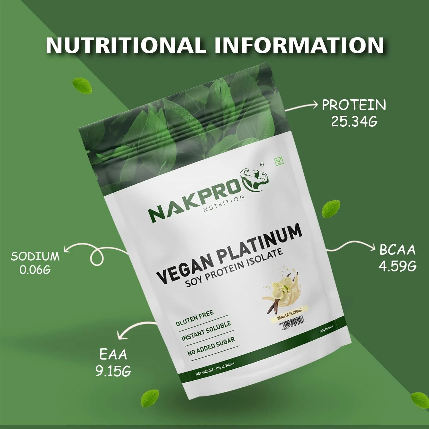 پروتئین سویا ایزوله 100% NAKPRO، وانیلی - 1 کیلوگرم | 25.3 گرم پروتئین، 4.6 گرم BCAA | پودر پروتئین گیاهی وگان طبیعی | هضم آسان | تمام اسیدهای آمینه ضروری برای افزایش و ریکاوری عضلات