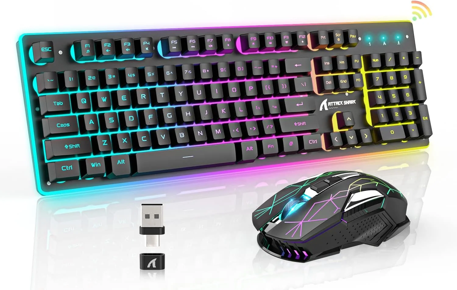 ست کیبورد و ماوس گیمینگ بی‌سیم A.jAZZ، کیبورد با نور پس‌زمینه 12 RGB Chroma، ماوس بی‌صدا با گیرنده دوگانه USB/Type-C با باتری قابل شارژ 4200mAh، مناسب برای PC، Mac، لپ‌تاپ، PS4، Xbox، مشکی