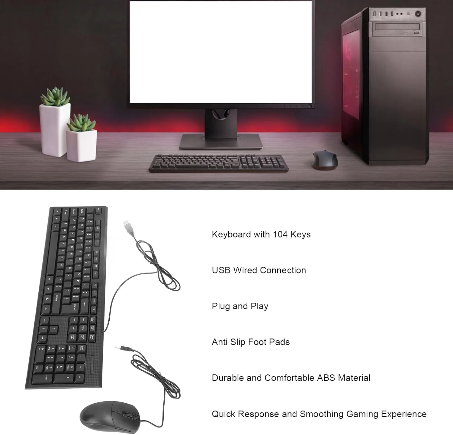 ست کیبورد و ماوس ciciglow، 104 کلید، اتصال سیمی USB، ست کیبورد و ماوس، ست کیبورد و ماوس ضد لغزش و ضد آب برای بازی و کار در اداره