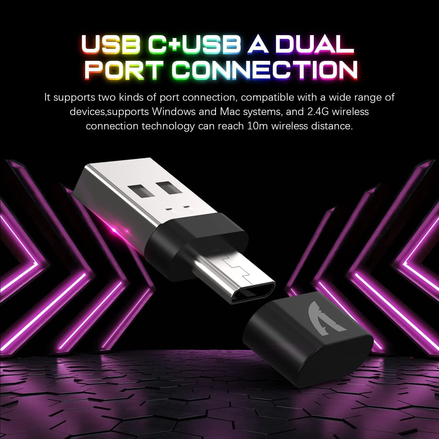 ست کیبورد و ماوس گیمینگ بی‌سیم A.jAZZ، کیبورد با نور پس‌زمینه 12 RGB Chroma، ماوس بی‌صدا با گیرنده دوگانه USB/Type-C با باتری قابل شارژ 4200mAh، مناسب برای PC، Mac، لپ‌تاپ، PS4، Xbox، مشکی