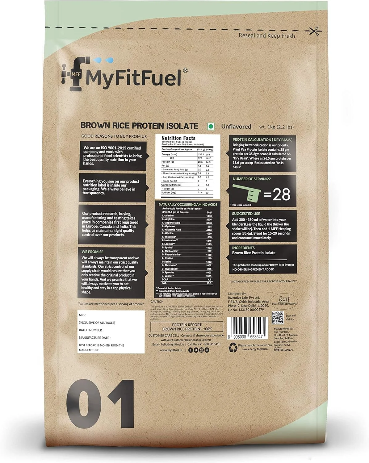 پروتئین گیاهی برنج قهوه ای و سبزیجات وگان MyFitFuel، 1 کیلوگرم (بدون طعم)