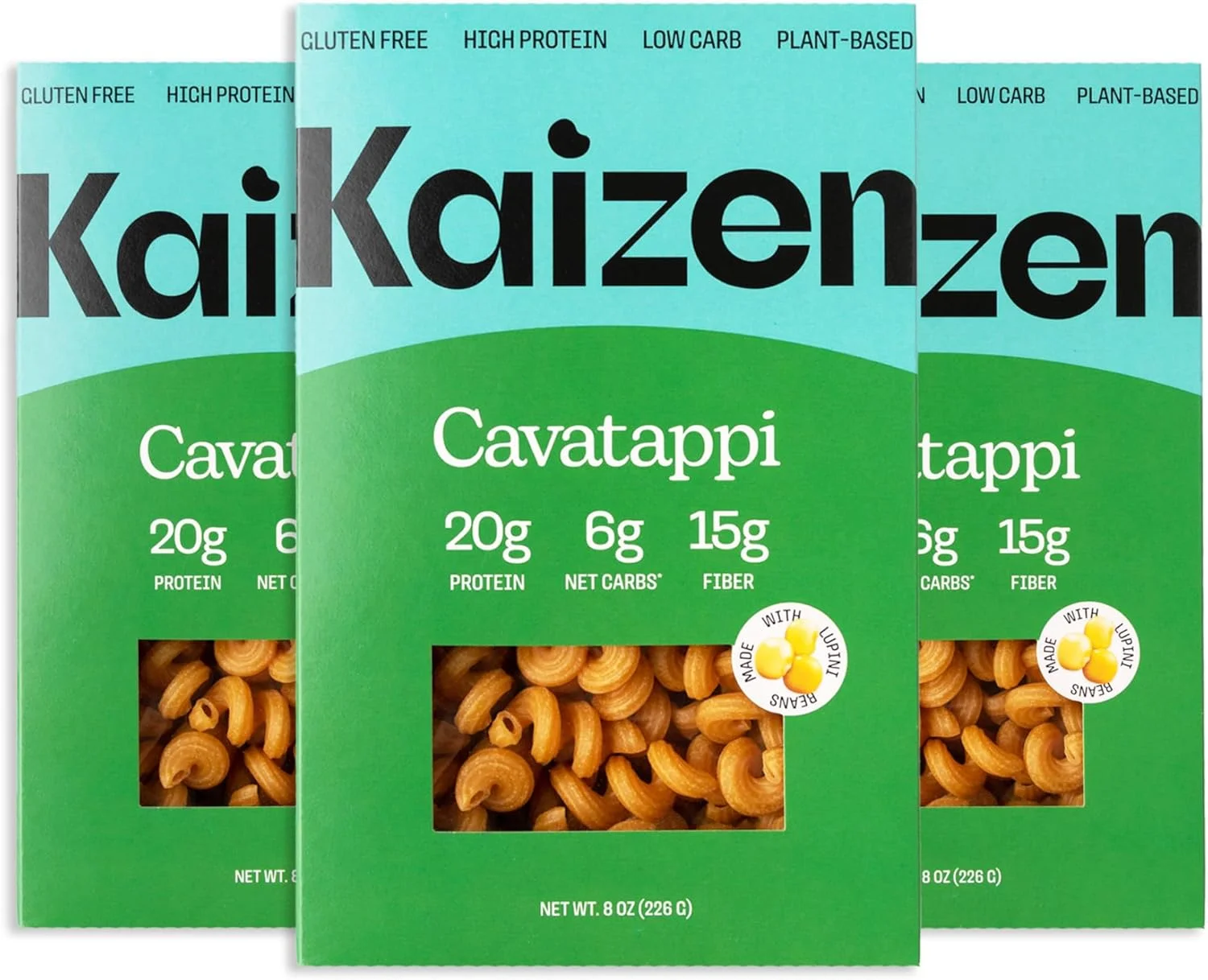 پاستا کاواتاپی کم کربوهیدرات و پروتئین بالای شرکت غذایی کایزن - مناسب کتو، گیاهی، تهیه شده با آرد لوپین پر فیبر - 226 گرم (بسته 3 عددی)