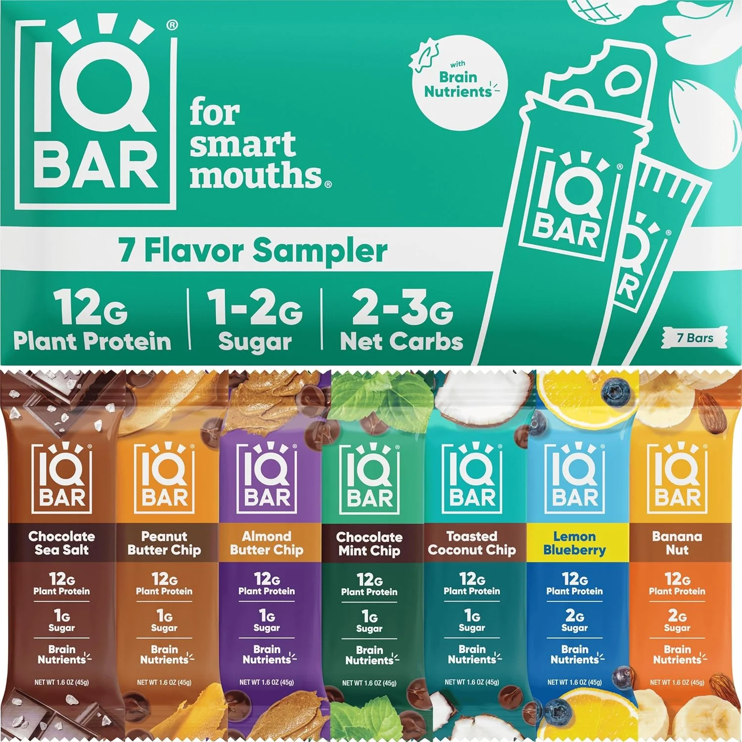 پروتئین گیاهی مغز و بدن IQ BAR - بسته نمونه 7 عددی - کم کربوهیدرات، فیبر بالا، بدون گلوتن، اسنک های وگان سالم - انرژی کتو کم شکر