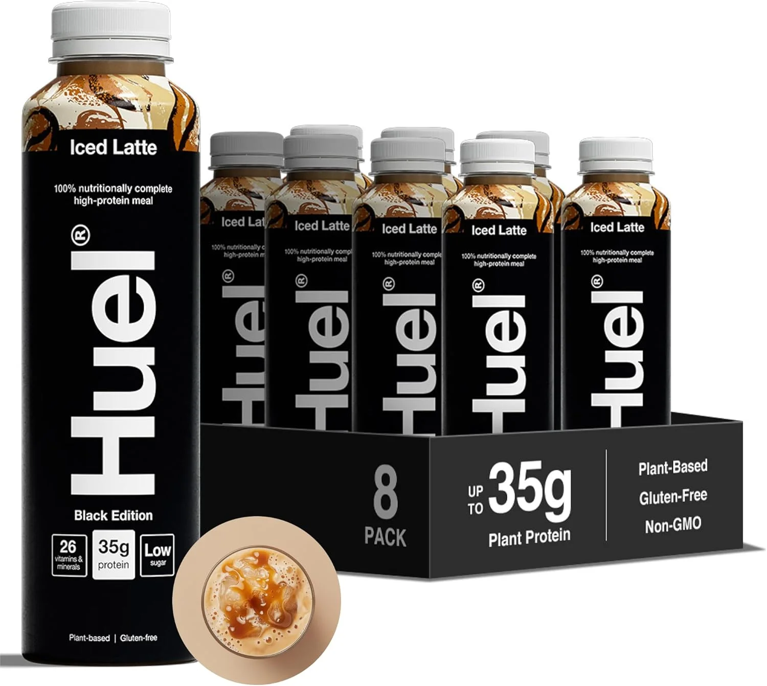 نوشیدنی آماده مصرف Huel Black Edition | 35 گرم پروتئین گیاهی | تغذیه کامل | فراتر از جایگزین غذا | بدون گلوتن | 8 بطری 500 میلی لیتری (8x500ml, Iced Latte)