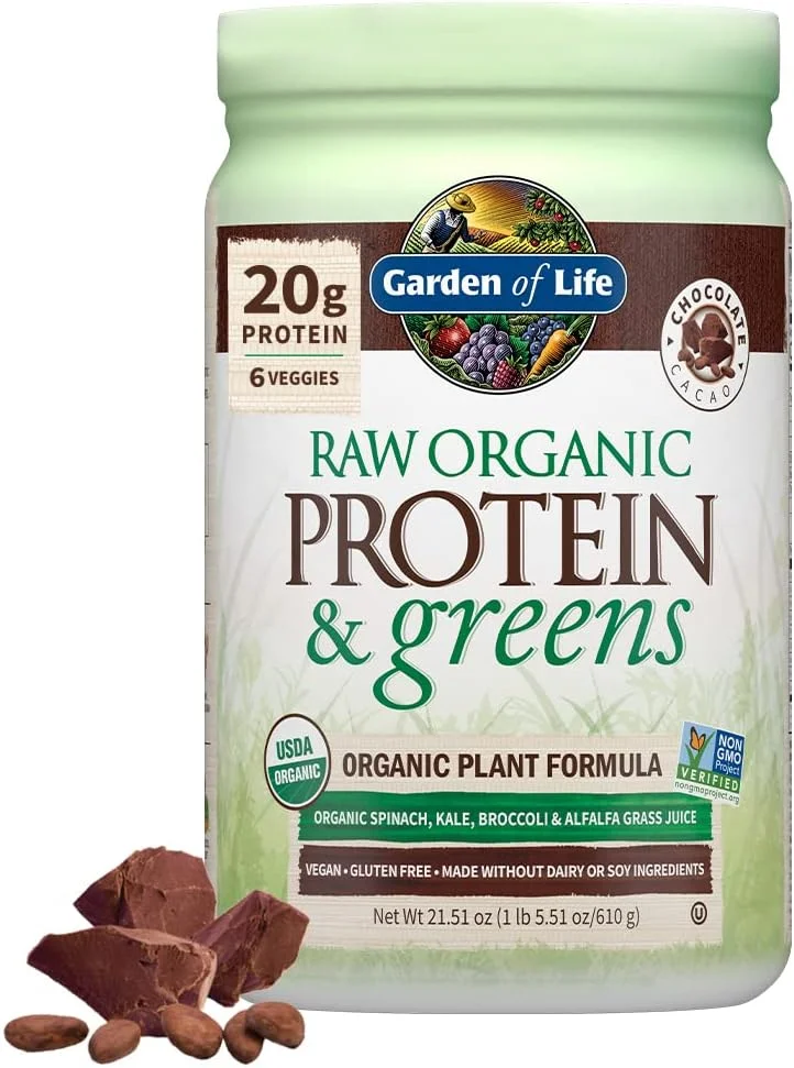 پروتئین ارگانیک و سبزیجات شکلاتی Garden of Life Raw - 20 سروینگ، پودر پروتئین وگان برای زنان و مردان، سبزیجات آبمیوه گیری شده و 20 گرم پروتئین گیاهی به همراه پروبیوتیک ها و آنزیم ها، شیک کم کربوهیدرات بدون گلوتن