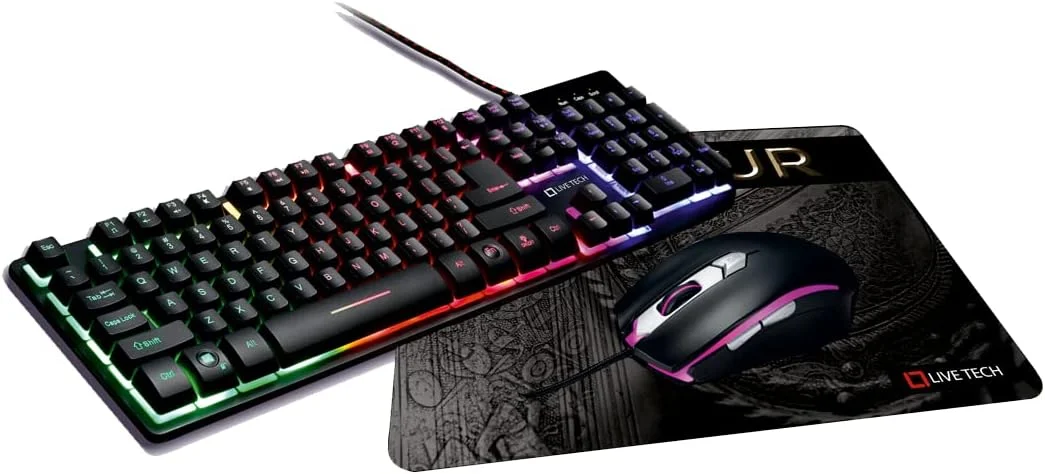 ست کیبورد و ماوس گیمینگ RGB Live Tech Armour به همراه ماوس پد، انتخاب گیمرها، 19 کلید ضد شبح، حروف با نور پس زمینه، روشن/خاموش کردن نور پس زمینه با FN+، حالت تنفس نور پس زمینه، نور ثابت با FN+PAGE UP، افزایش روشنایی نور پس زمینه +