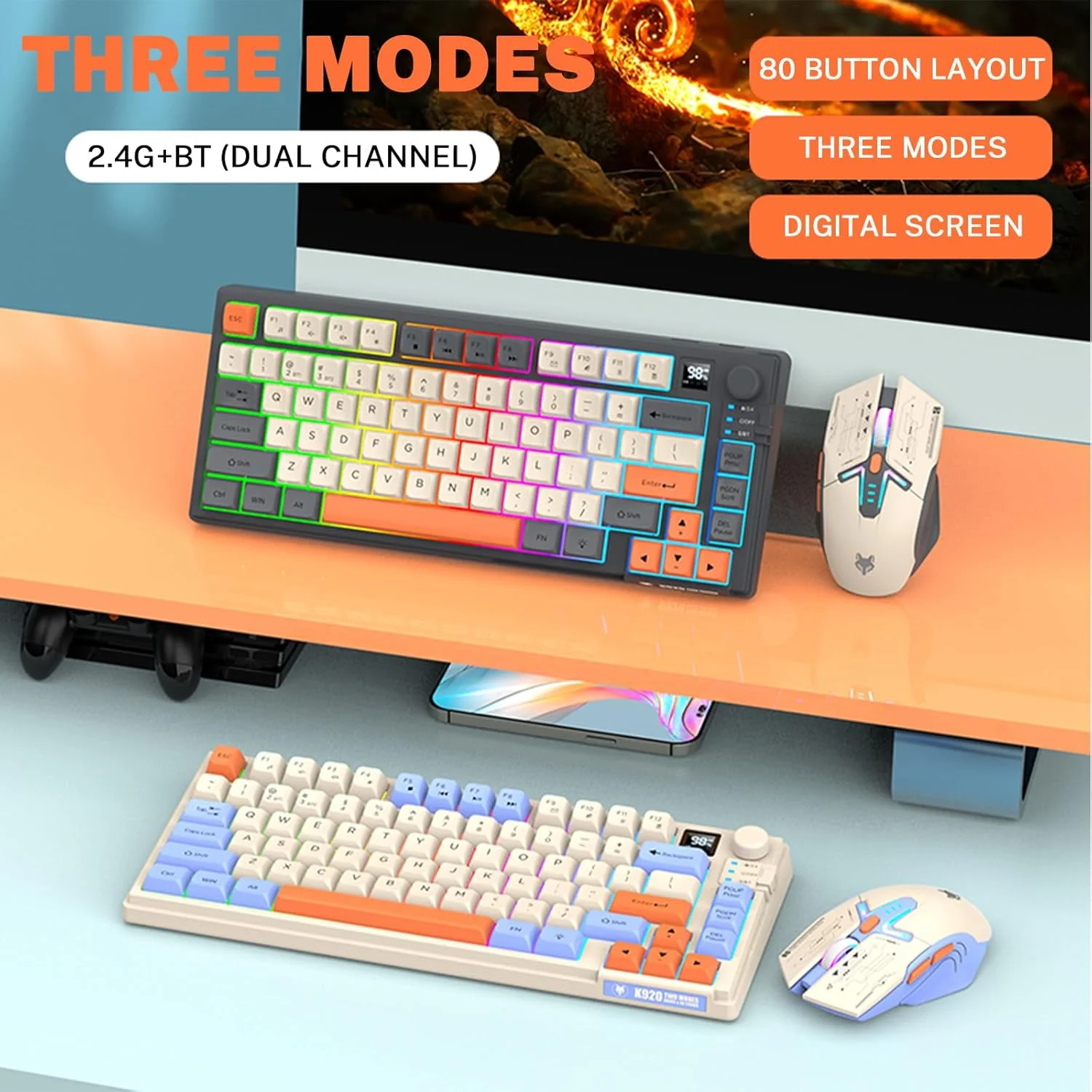 ست کیبورد و ماوس گیمینگ بی‌سیم Attoe 75%، سه‌حالته BT5.0/2.4GHz/USB-C، کیبورد با نور پس‌زمینه RGB + ماوس سه‌بعدی 1600DPI، باتری 2000mAh، 80 کلید، کنترل صدا با دکمه چرخشی (مشکی)